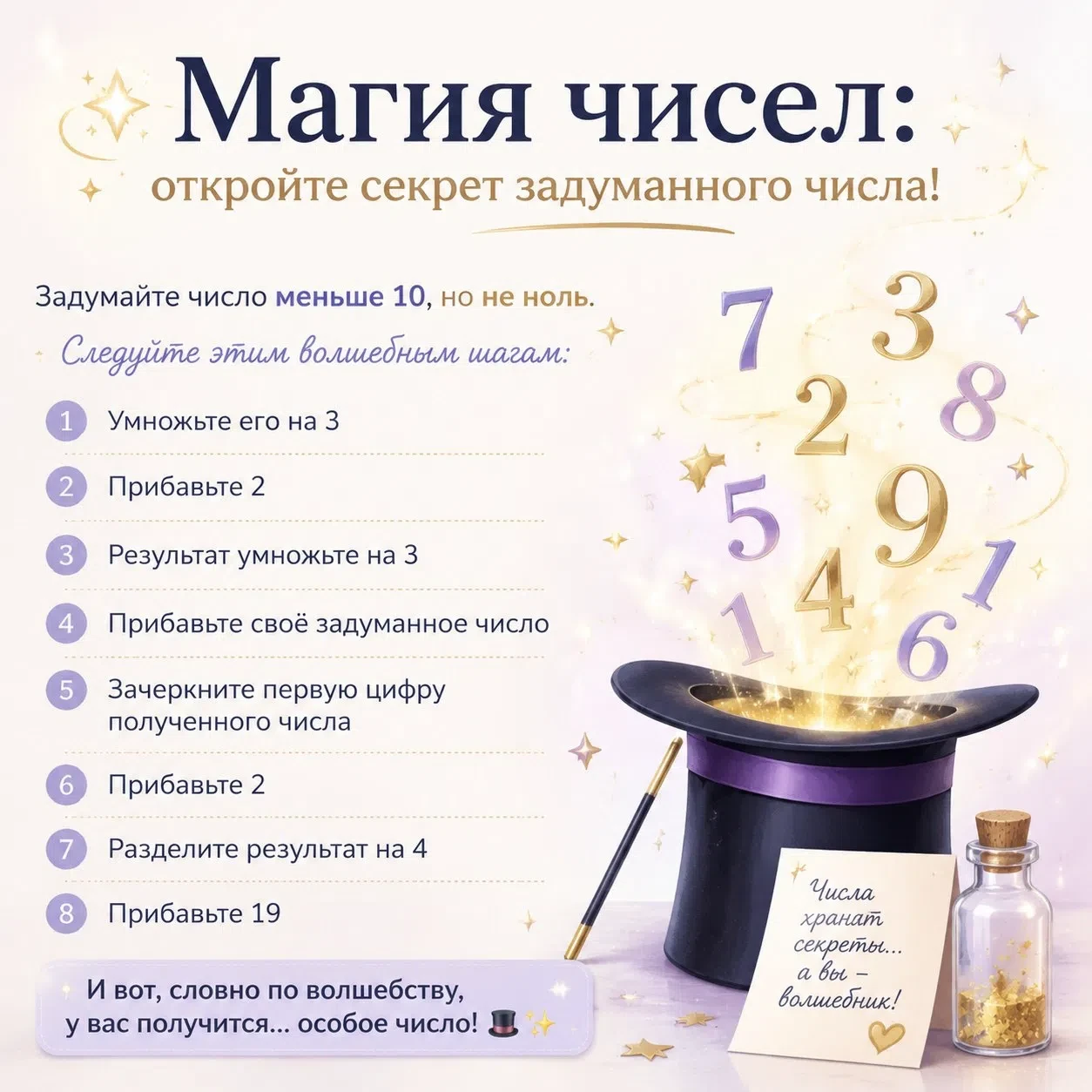 📌 Магия чисел: откройте секрет задуманного числа! ✨🔢
Зовите ребят и будем создавать магию! 

Задум