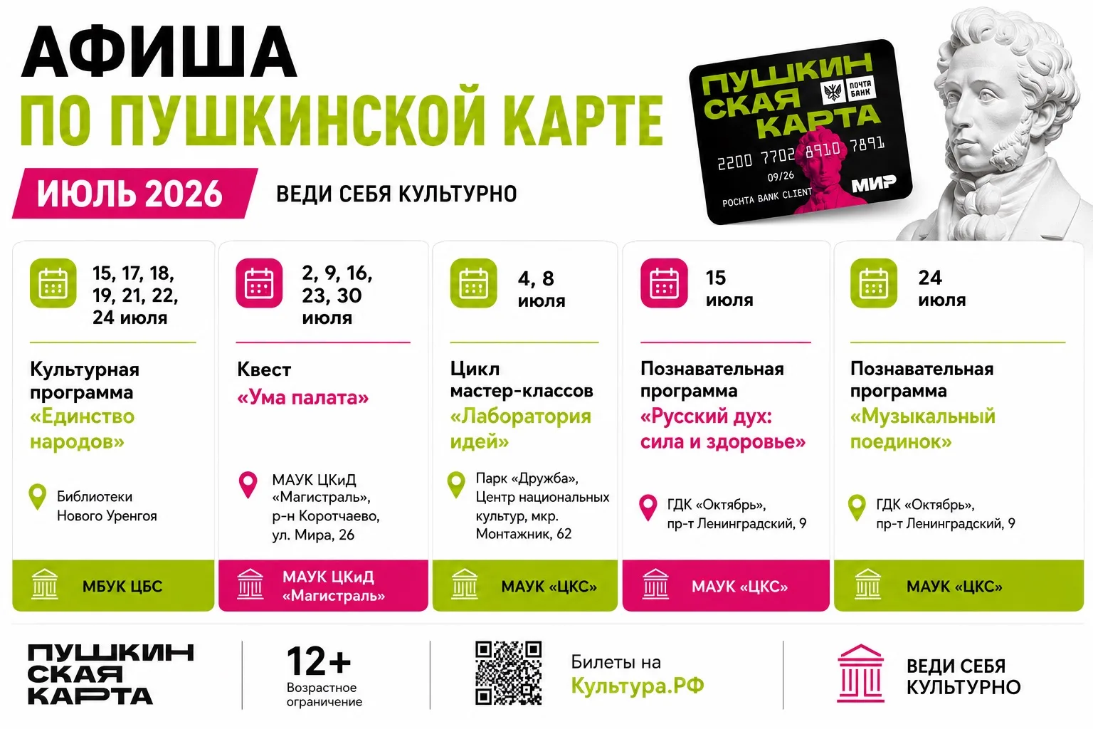 Афиша мероприятий по Пушкинской карте на июль