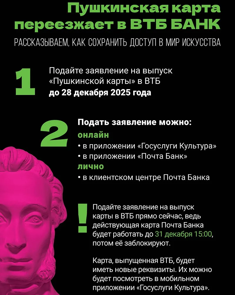 Напоминаем: Пушкинская карта — меняется банк!   Подать заявление на новую карту от ВТБ через «Госусл