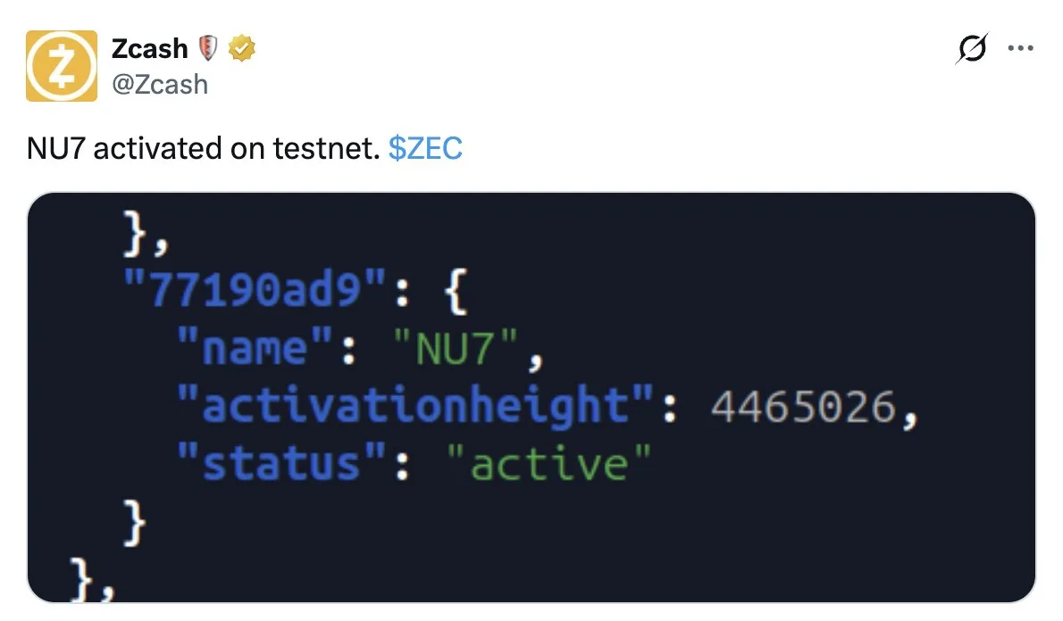 Zcash запустил в тестовой сети обновление NU7. Оно сократило время блока с 75 до 25 сек...
