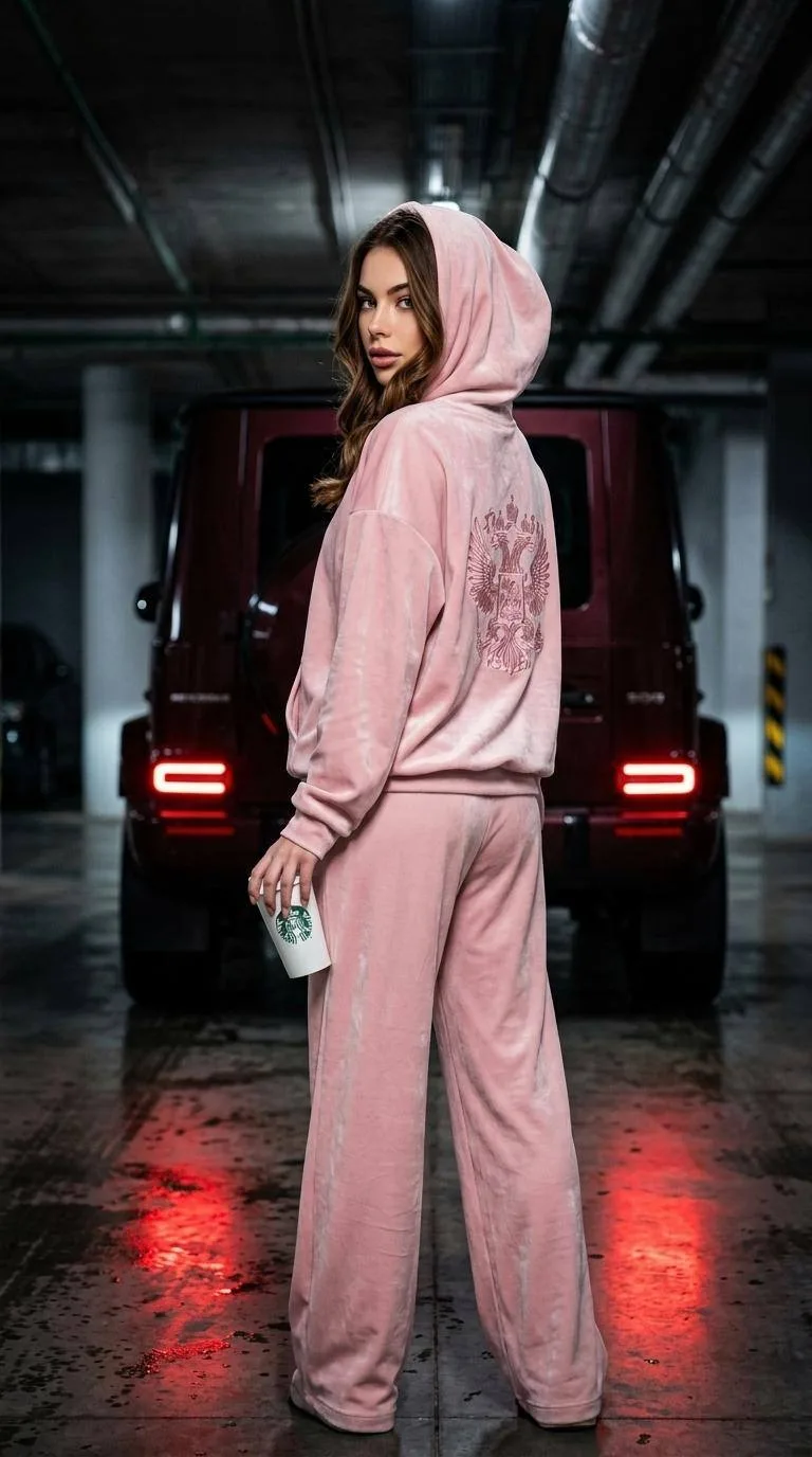 🩷  Розовый urban  Плюшевый костюм, тёмный паркинг и стильный кадр на фоне авто в эстетике дорогого s