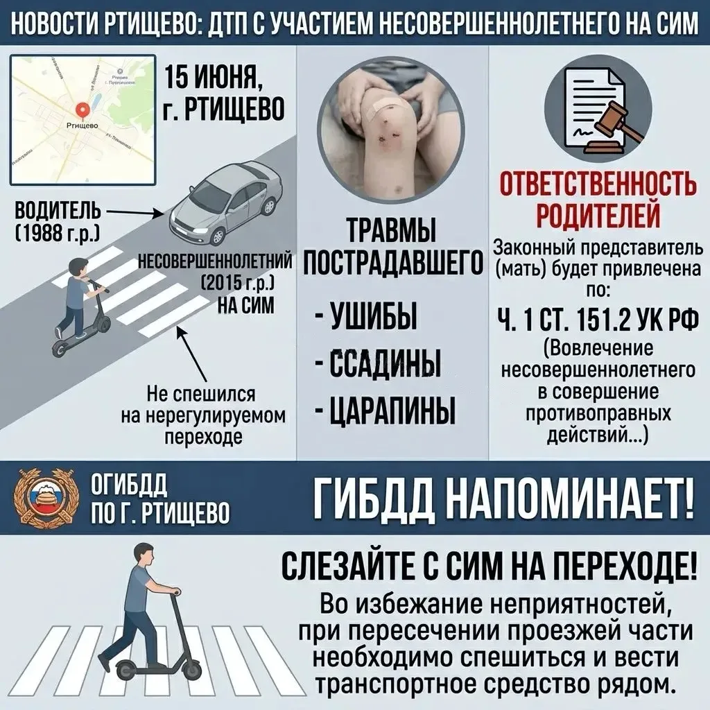 15 июня в городе Ртищево произошло ДТП с участием водителя 1988 года рождения и несовершеннолетнего 