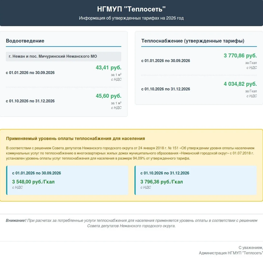 Публикуем информацию о тарифах на тепловую энергию и водоотведение