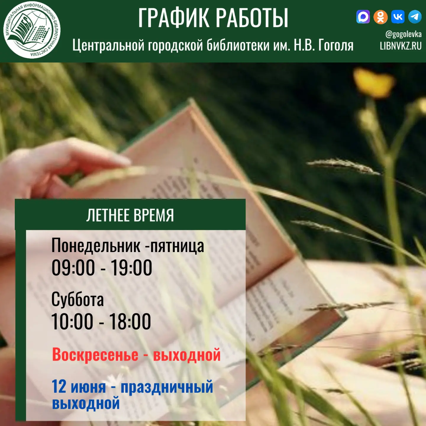 С 1 июня библиотеки переходят на летний график работы ☀️