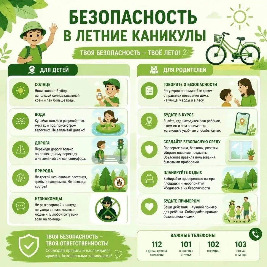 ПАМЯТКА «БЕЗОПАСНОСТЬ В ЛЕТНИЕ КАНИКУЛЫ»☀️
ТВОЯ БЕЗОПАСНОСТЬ - ТВОЁ ЛЕТО!🏖️
