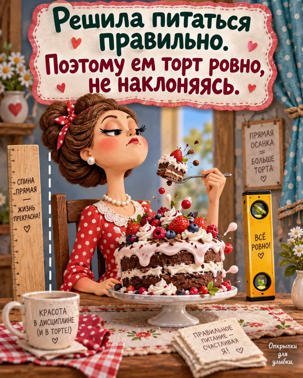🍰 Спина прямая, плечи расправлены, тортик передо мной.