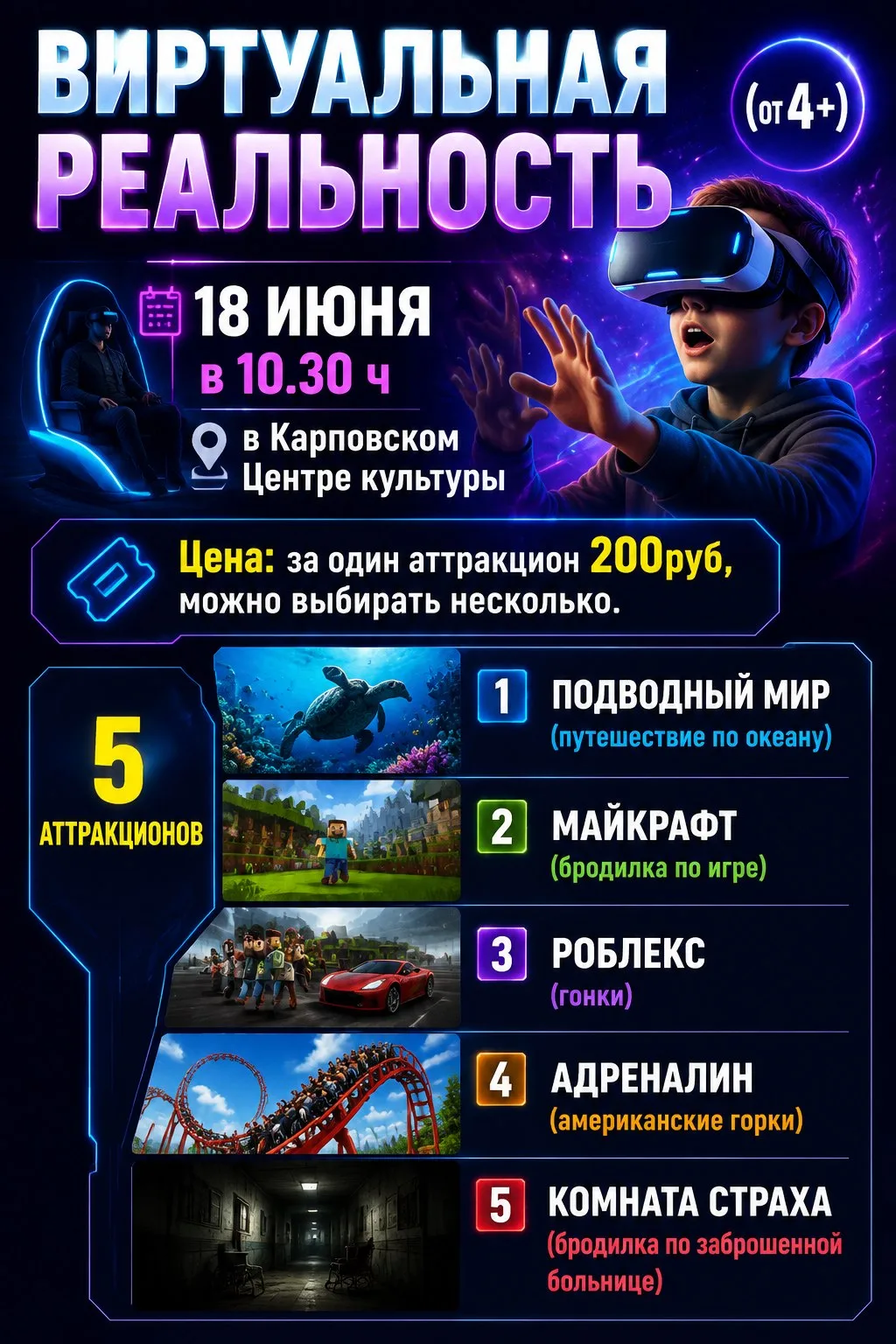 Приглашаем мальчишек и девчонок, от мала до велика погрузиться в мир виртуальной реальности! Киноатт