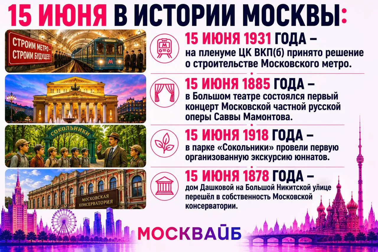 15 июня в Москве - день, связанный с транспортом, искусством, образованием и наукой.

Погода сегодня