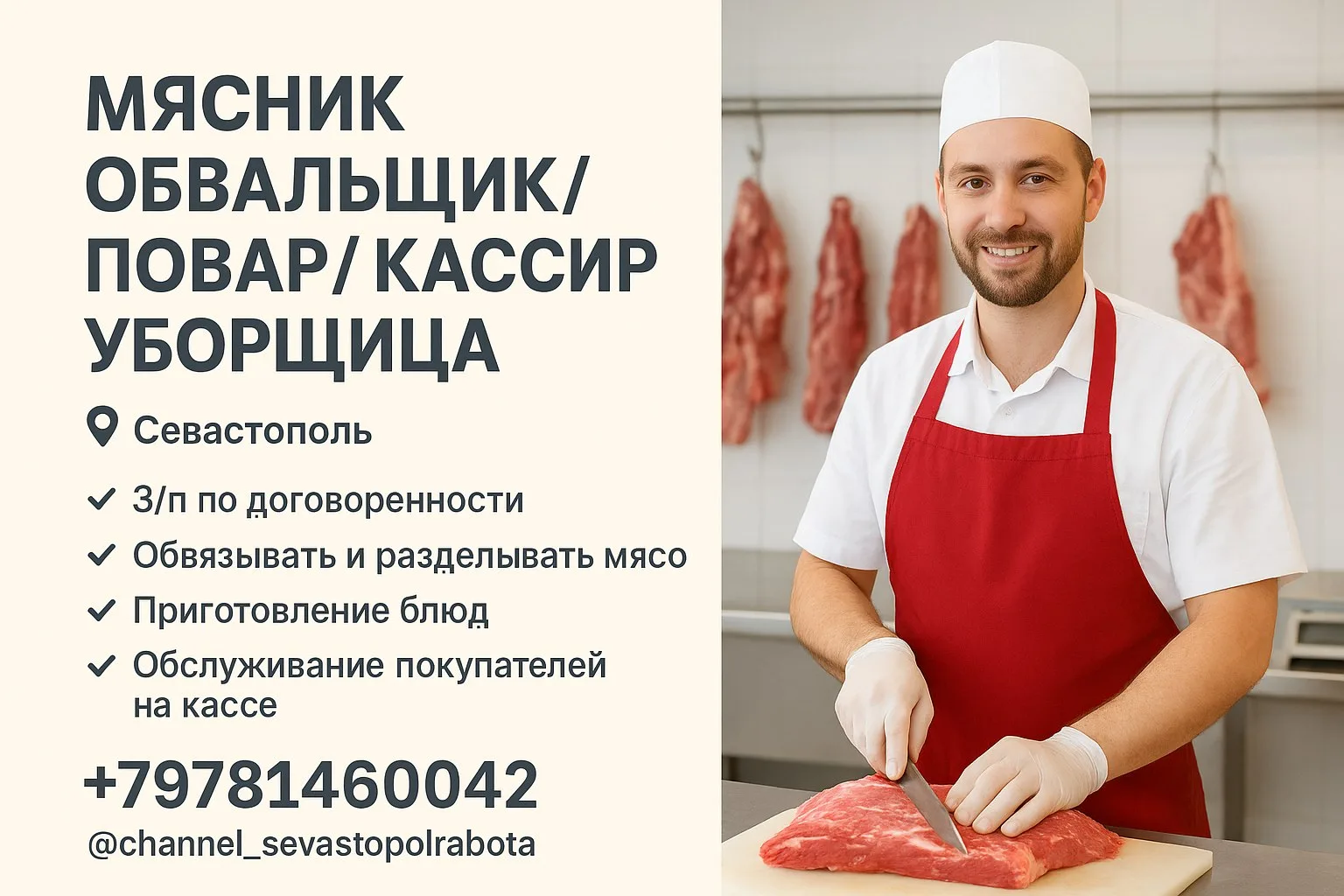 🔊 МЯСНИК ОБВАЛЬЩИК / ПОВАР / КАССИР / УБОРЩИЦА