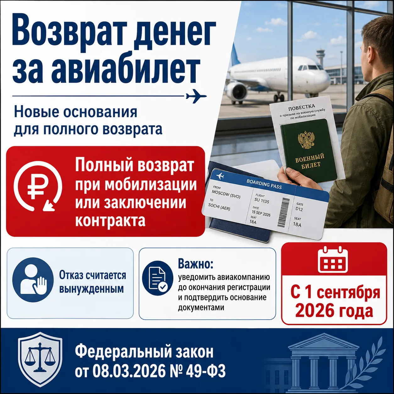 ✈️ Возврат денег за авиабилет при мобилизации или контракте
С 1 сентября 2026 года авиакомпания долж