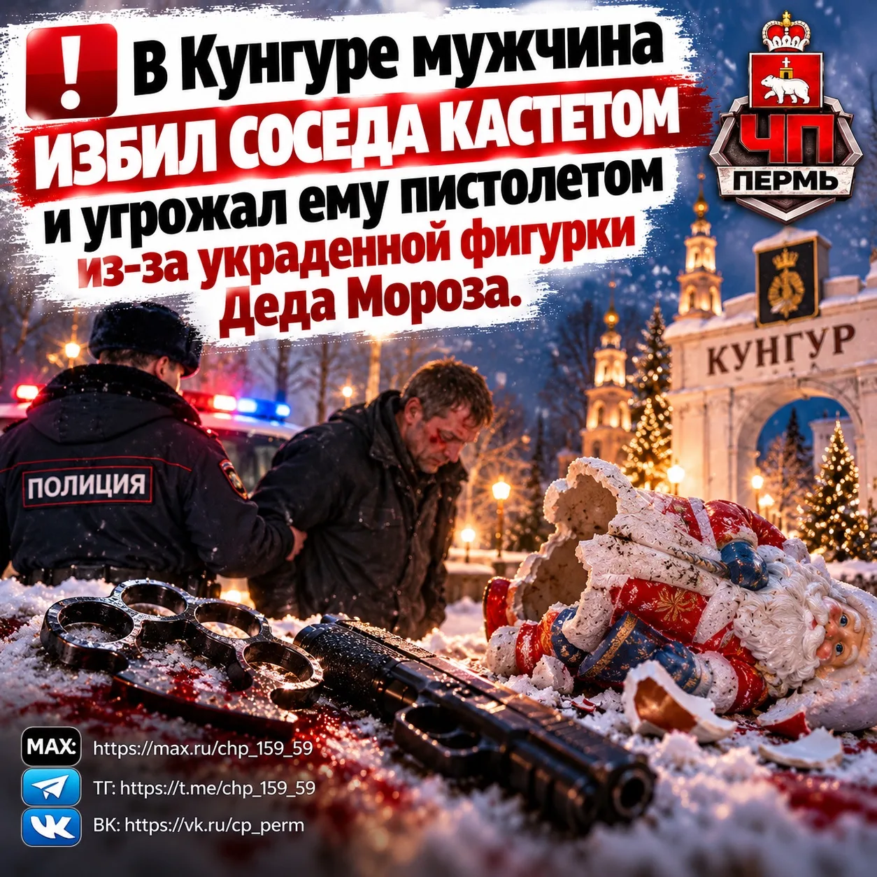 🎄 В Кунгуре мужчина избил соседа кастетом и угрожал ему пистолетом из-за украденной фи...