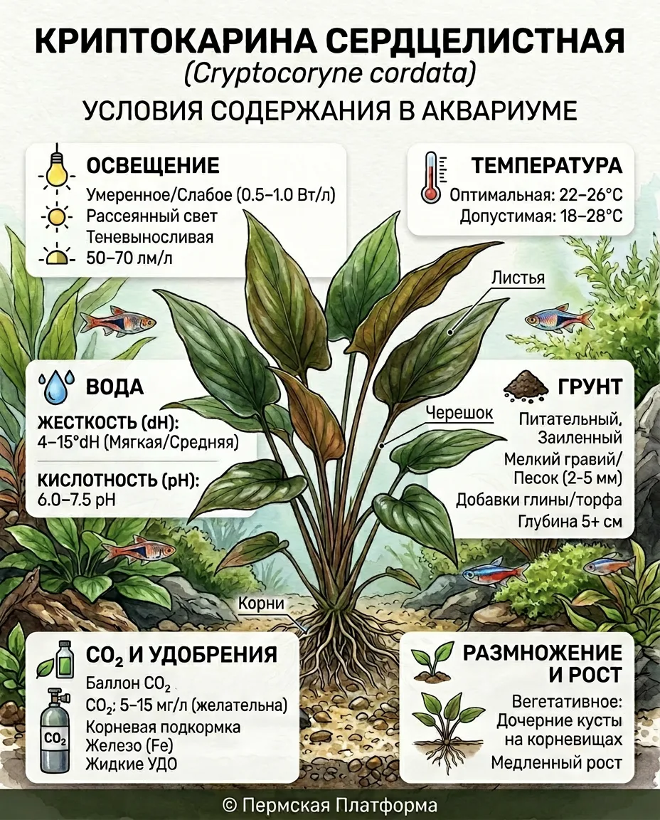 🐟 Криптокарина сердцелистная (Cryptocoryne cordata) 🌿
Идеальный выбор для любителей акваскейпинга!