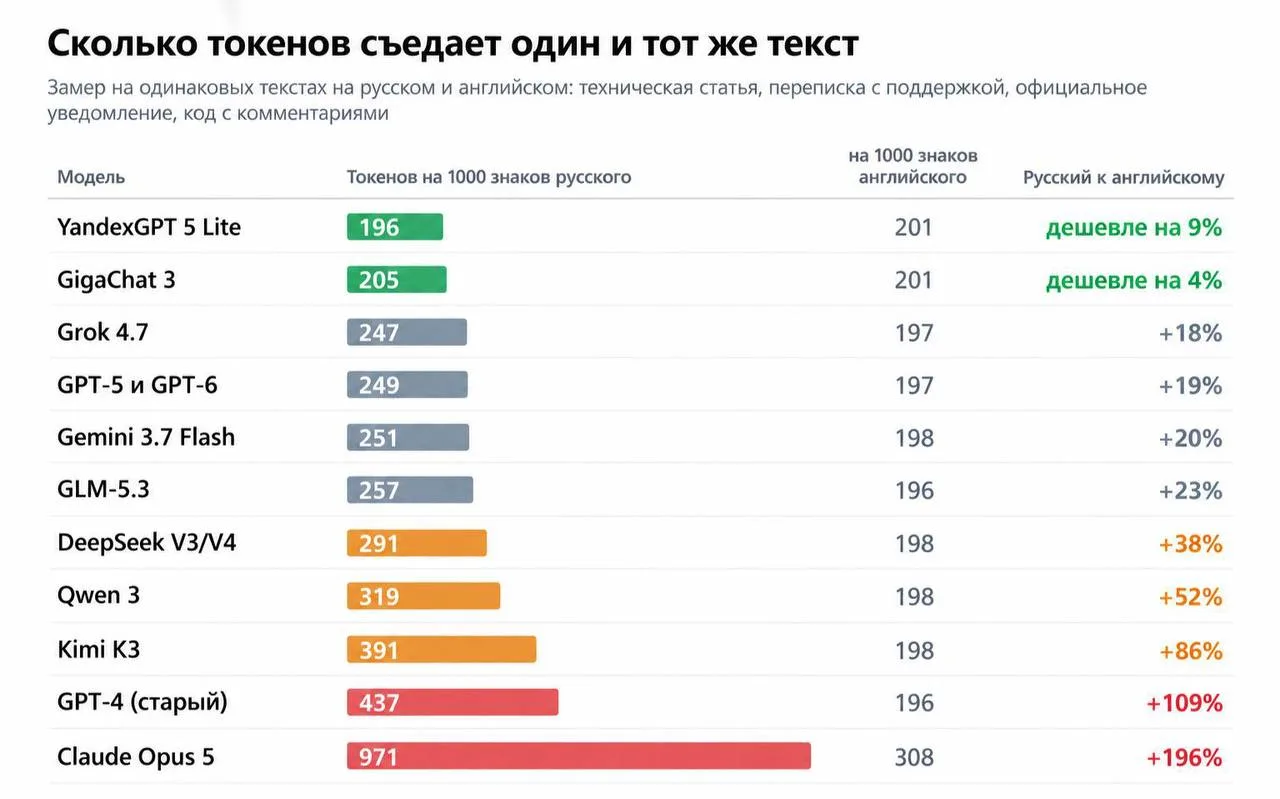 🤖Общаться с ИИ на русском языке оказалось в 4 раза дороже, чем на английском.