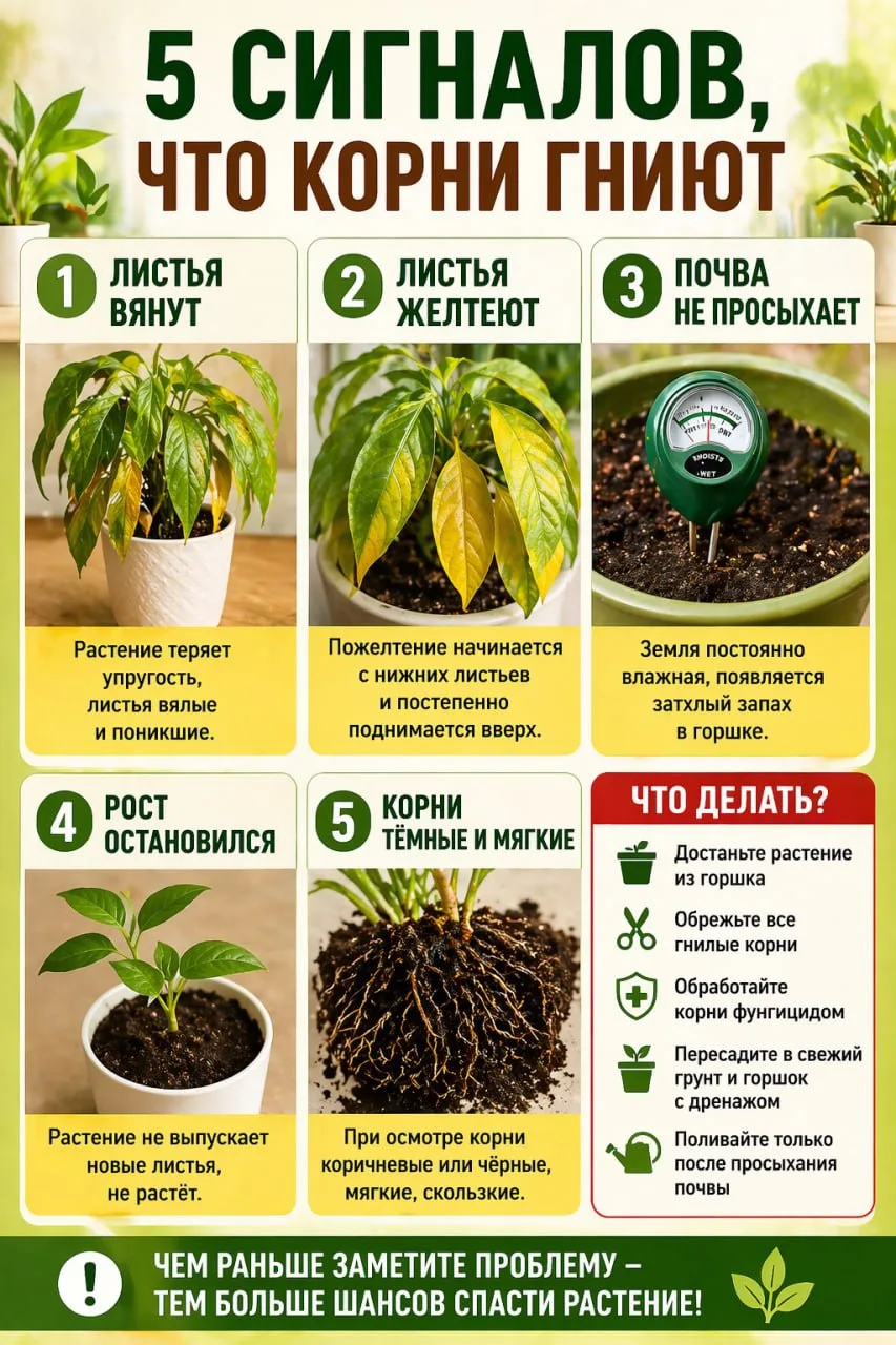 5 сигналов, что корни гниют 🌿

Если растение вянет при влажной почве — проблема часто в корнях. Важ