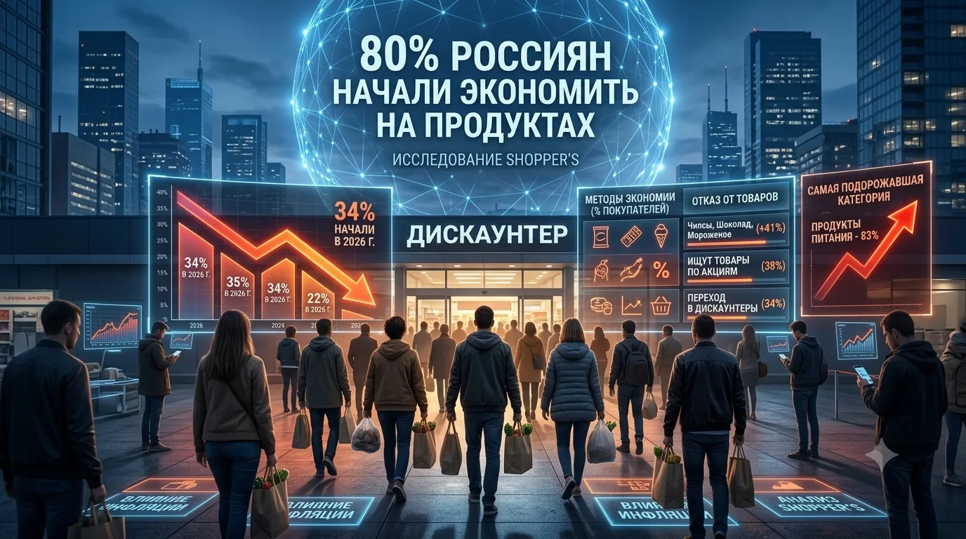 🛒 80% россиян начали экономить на продуктах

Согласно исследованию Shopper’s, 80% россиян стараются