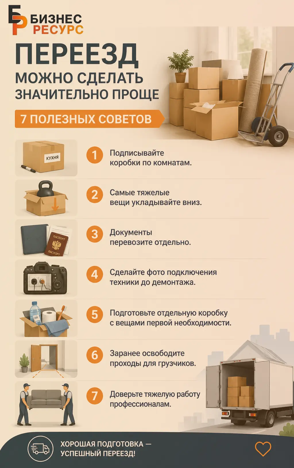 Переезд можно сделать значительно проще.
 
7 полезных советов:
 
✓ Подписывайте коробки по комнатам.