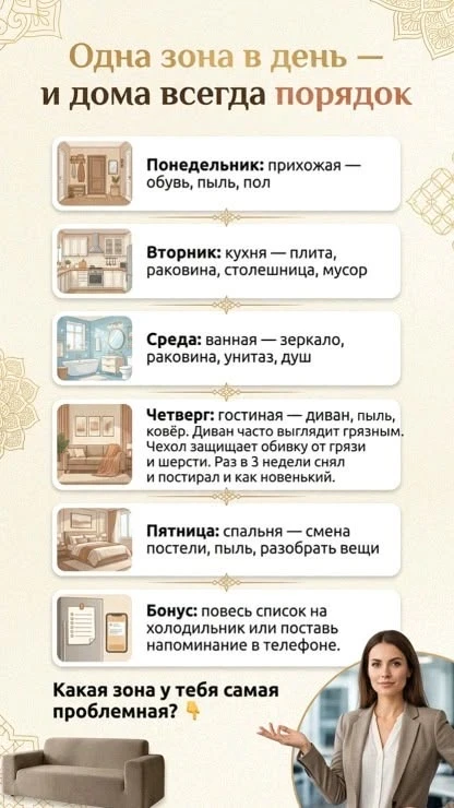 «Одна зона в день»: как забыть про генеральную уборку по выходным 🗓️ 

На замену изнуряющим выходны