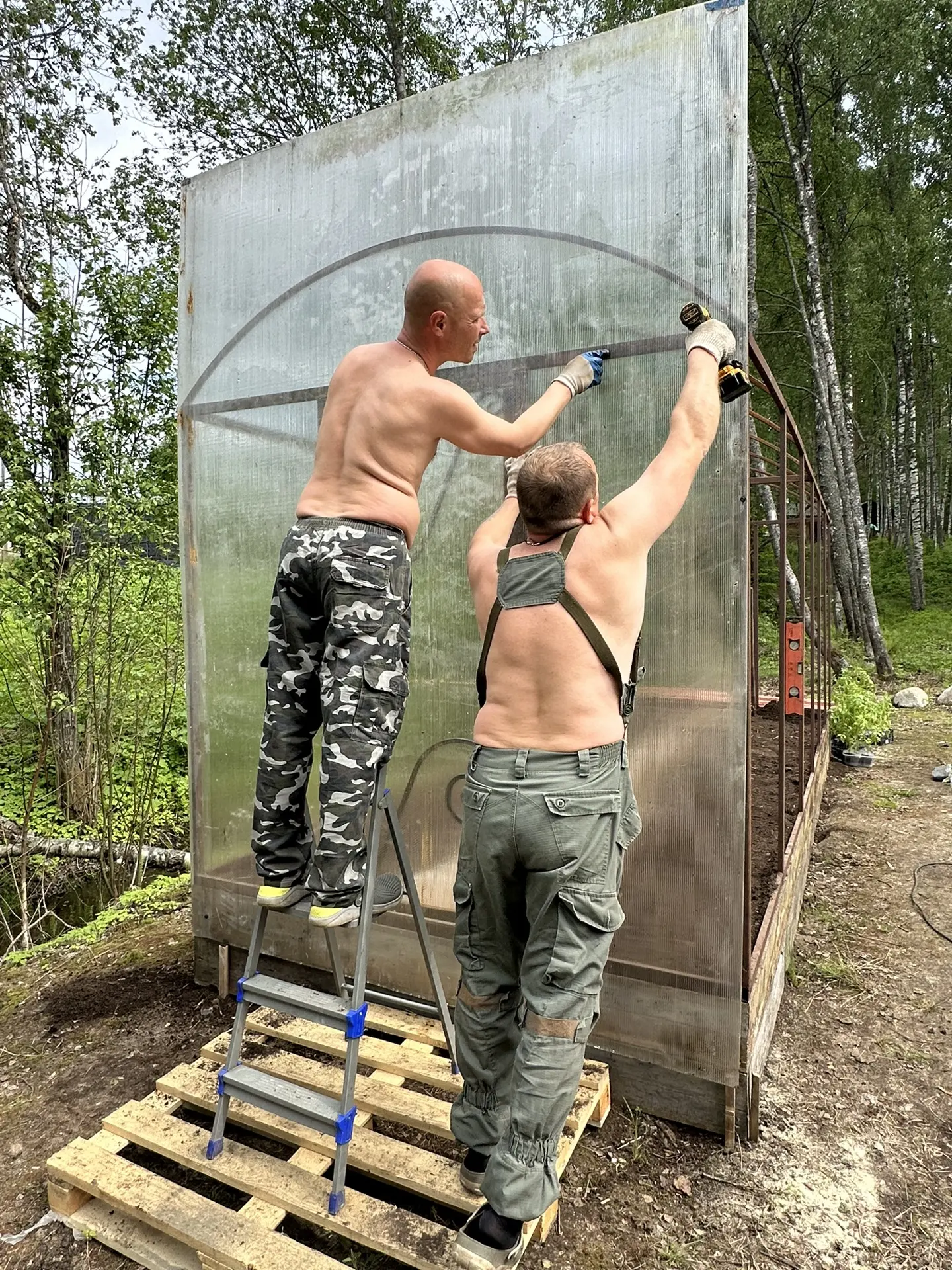 Еще один плодотворный день подошел к концу. 
Наконец-то высадили томаты, а мальчишки накрыли теплицу