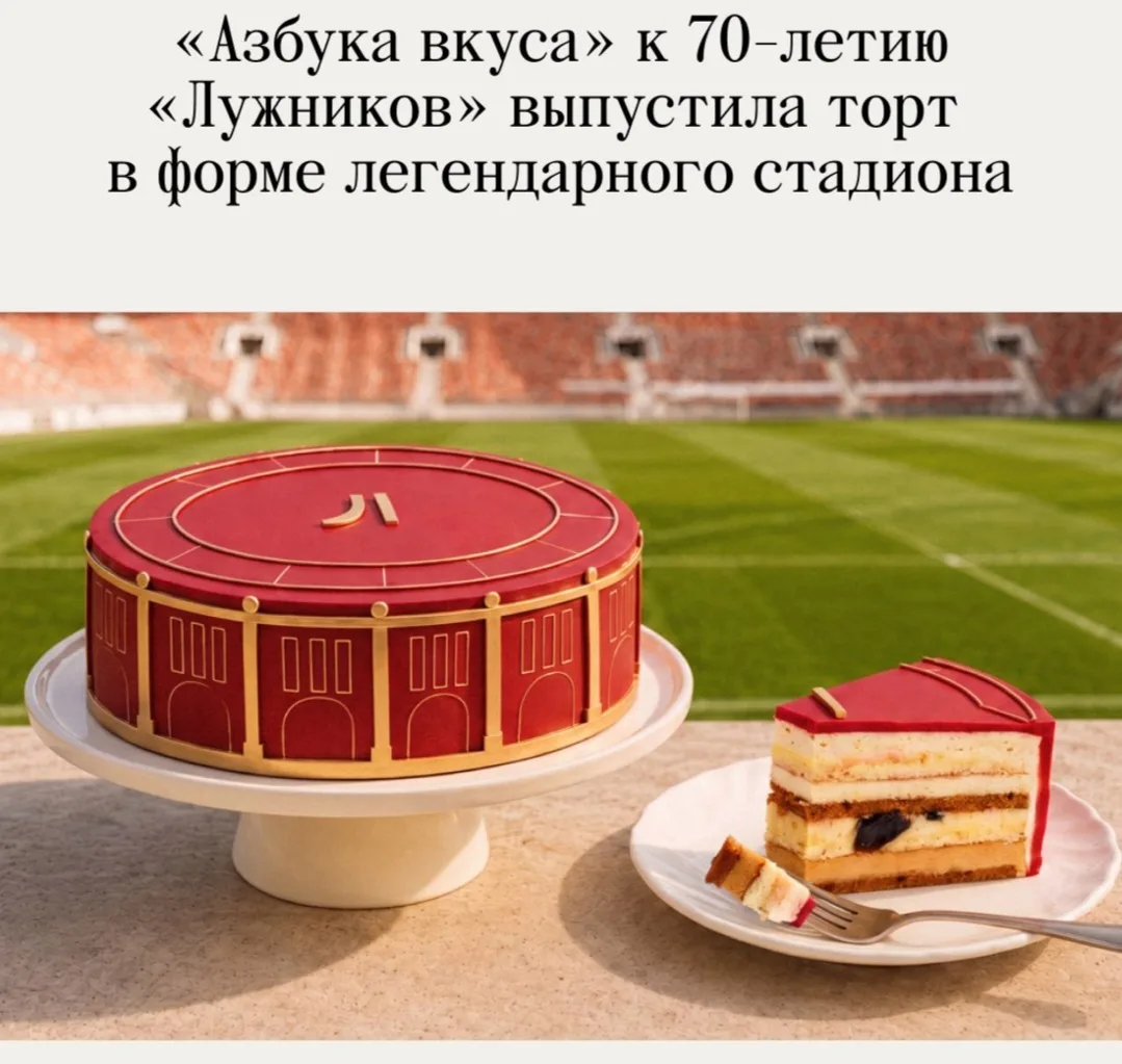 🎂«Азбука вкуса» выпустила торт в виде стадиона «Лужники» в честь 70-летия комплекса🎂 

🔥Снаружи —