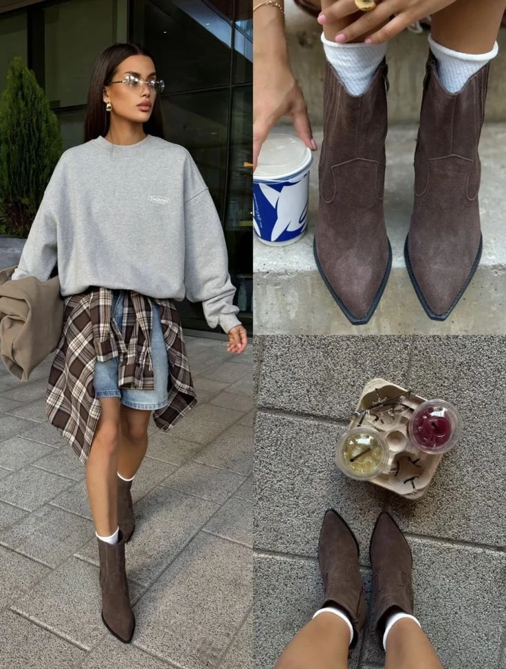 Многослойность и комфорт: трендовый аутфит с казаками и денимом 🤎✨