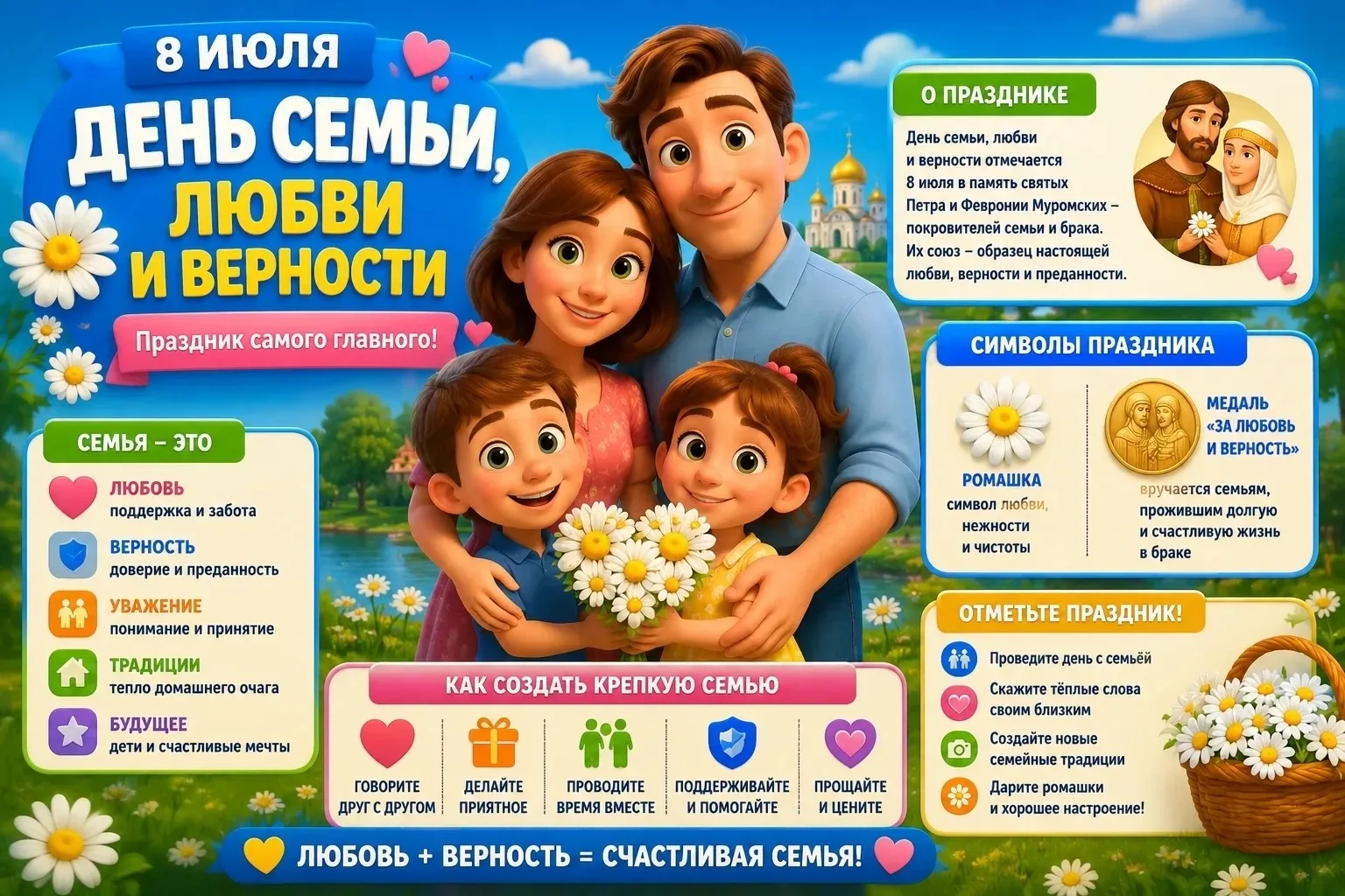 Праздник приурочен к православному дню памяти святых Петра и Февронии Муромских (отмечается 8 июля).