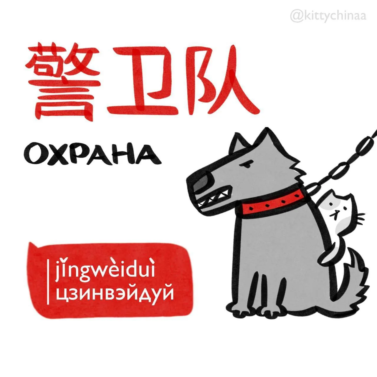 #охрана – 警卫队 [jǐngwèiduì]

Связанные слова: 
1. Телохранитель 卫兵 wèibīng вэйбин; 
2. Охранять 守卫 sh
