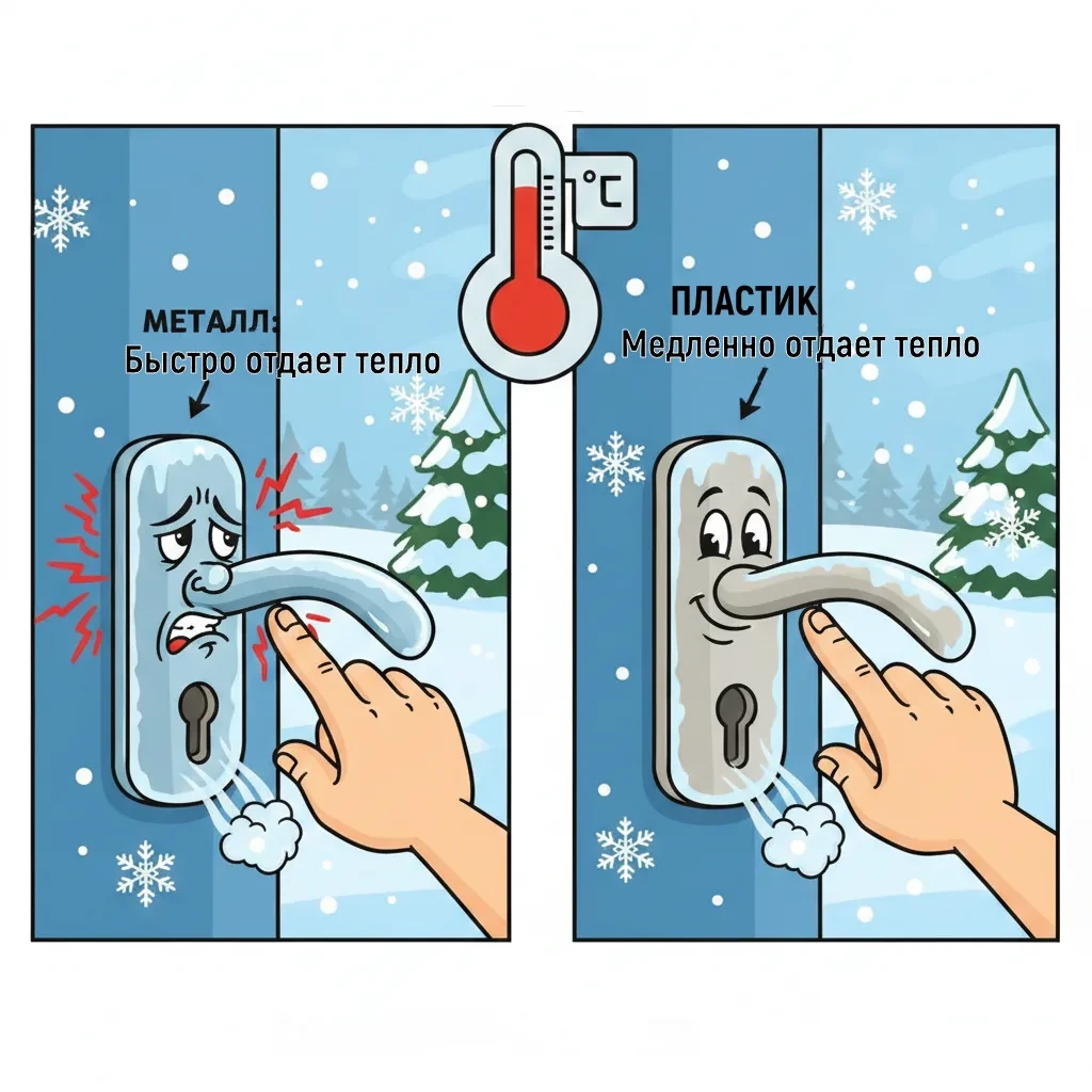 #викторина_по_физике

Почему в сильный мороз металлические дверные ручки обжигает, а пластиковые — н