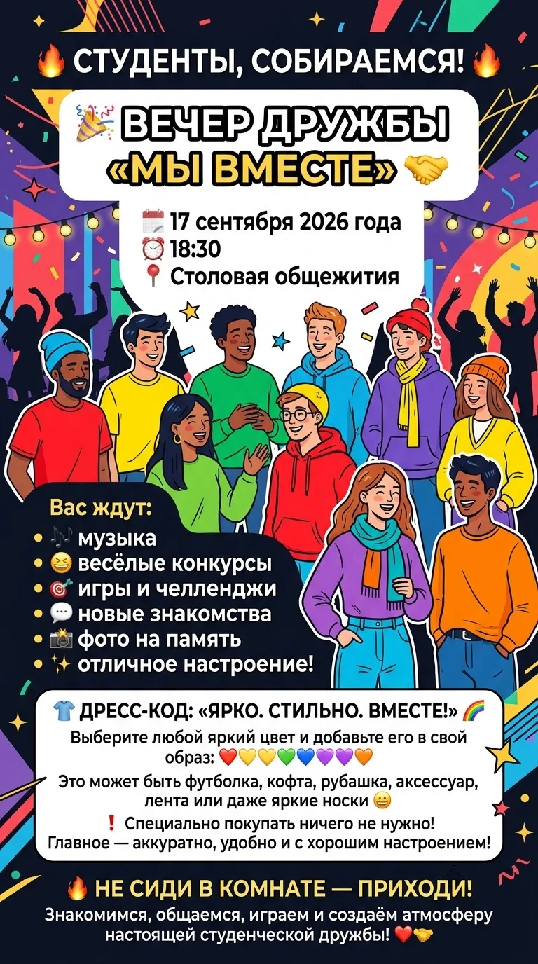 🔥 СТУДЕНТЫ, СОБИРАЕМСЯ! 🔥🎉 ВЕЧЕР ДРУЖБЫ «МЫ ВМЕСТЕ» 🤝📅 17 сентября 2026 года