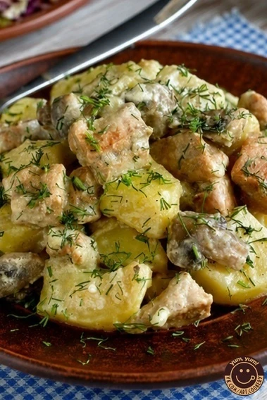 «Картошка с мясом и грибами в сметанном соусе»