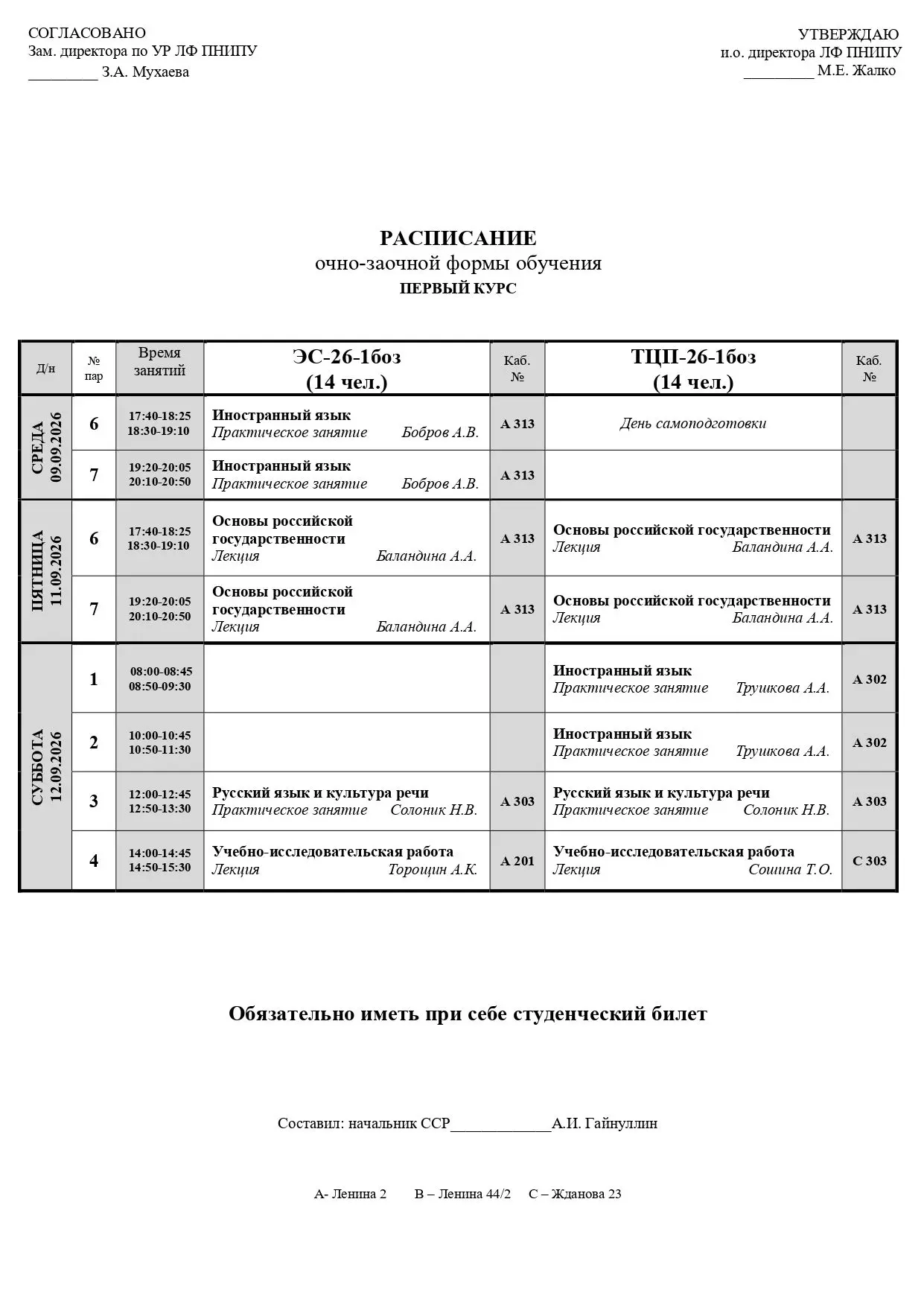 Расписание очно-заочных групп ВО на период с 07.09.2026 по 13.09.2026 г.