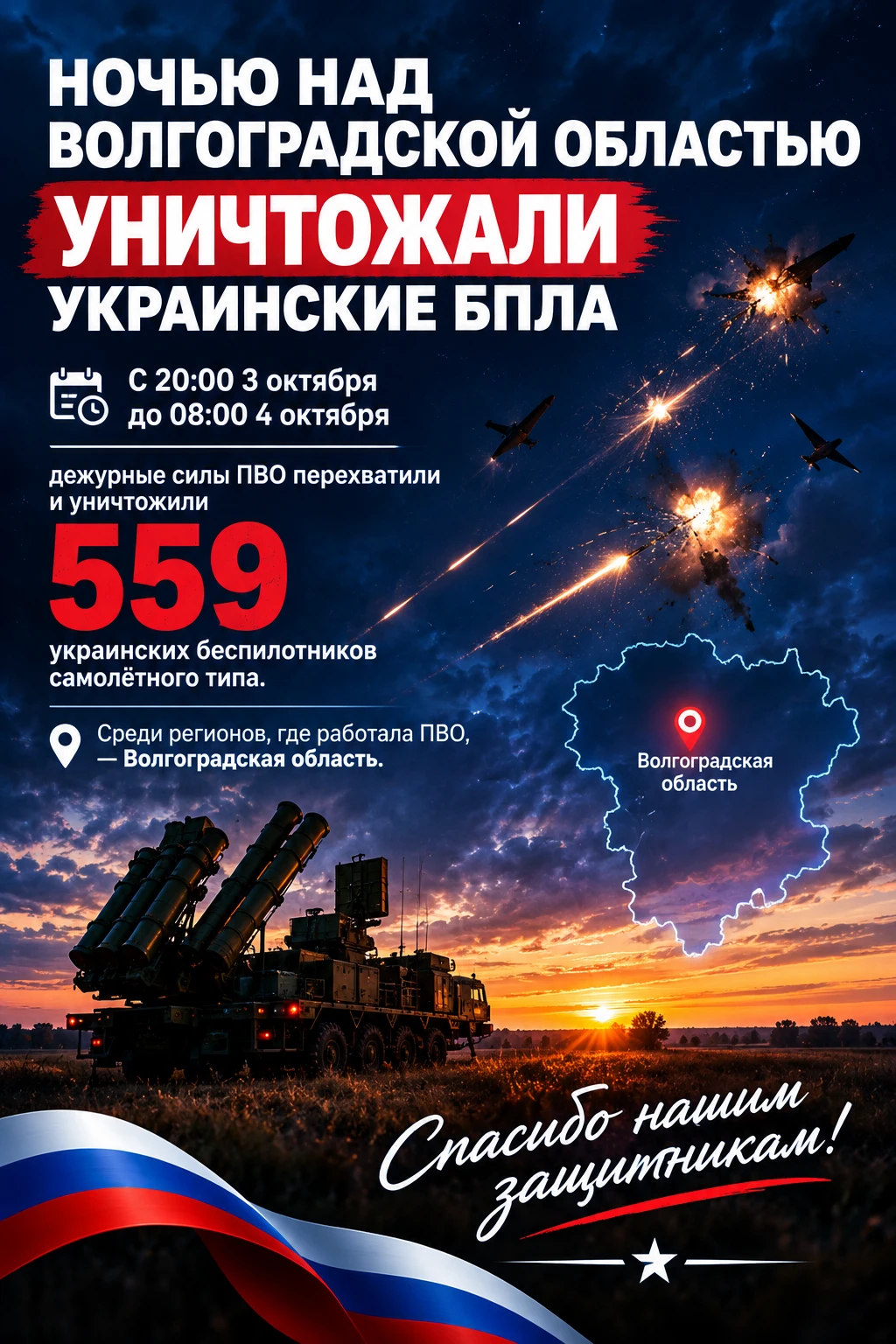 ⚡️ Ночью над Волгоградской областью уничтожали украинские БПЛА