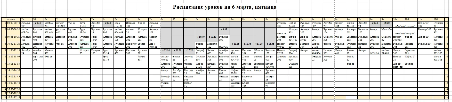 Расписание уроков на 6 марта (пятница)