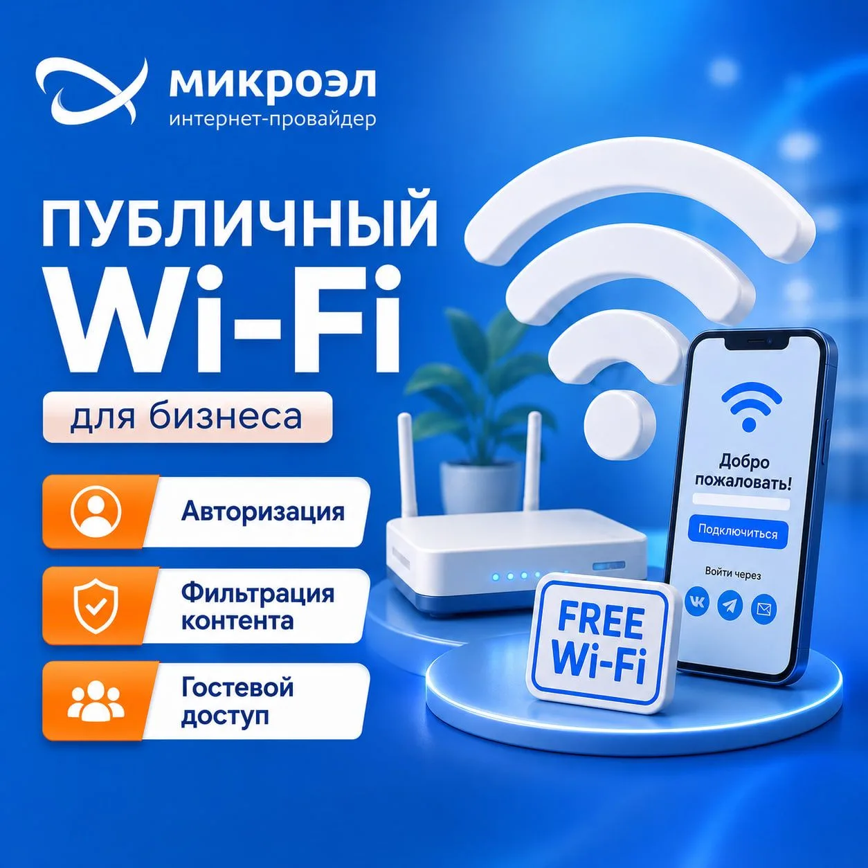 Публичный Wi-Fi для бизнеса от Микроэл

Раздавать клиентам обычный пароль от Wi-Fi - не лучшее решен