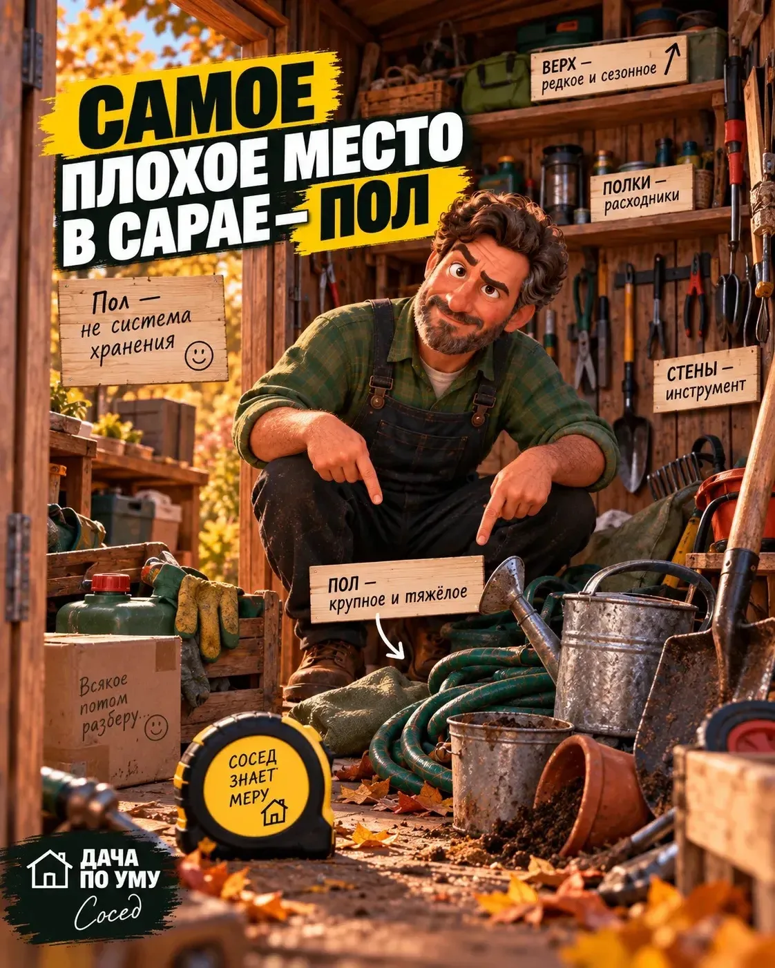 На пол обычно ставят всё, чему «пока не нашли место». Лопату. Ведро. Шланг. Ящик. Канис...