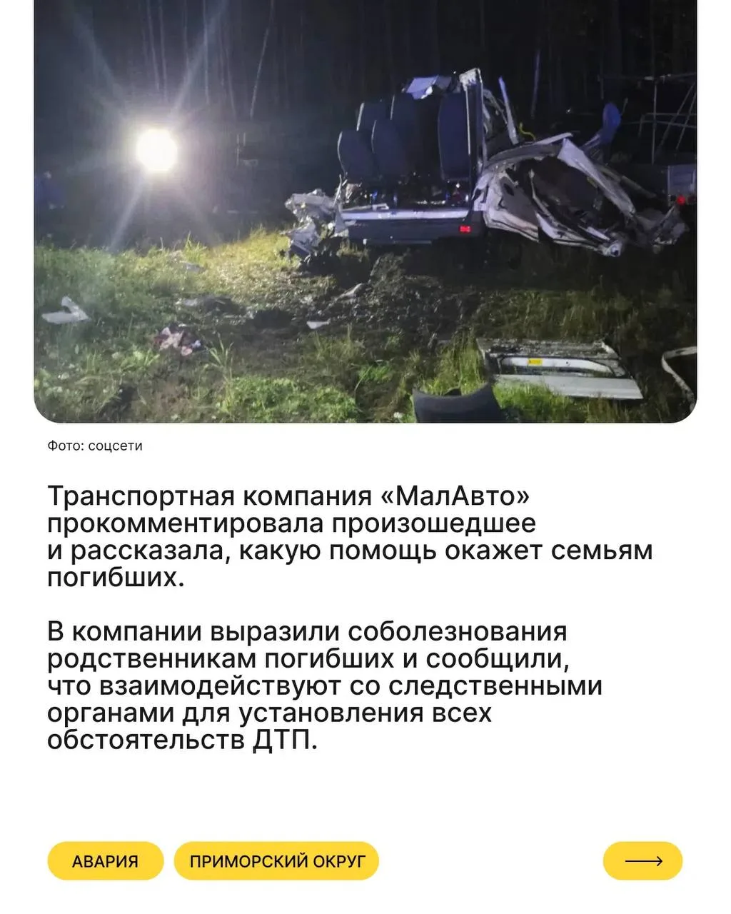 Транспортная компания «МалАвто» прокомментировала аварию в Приморском округе, унёсшую ж...