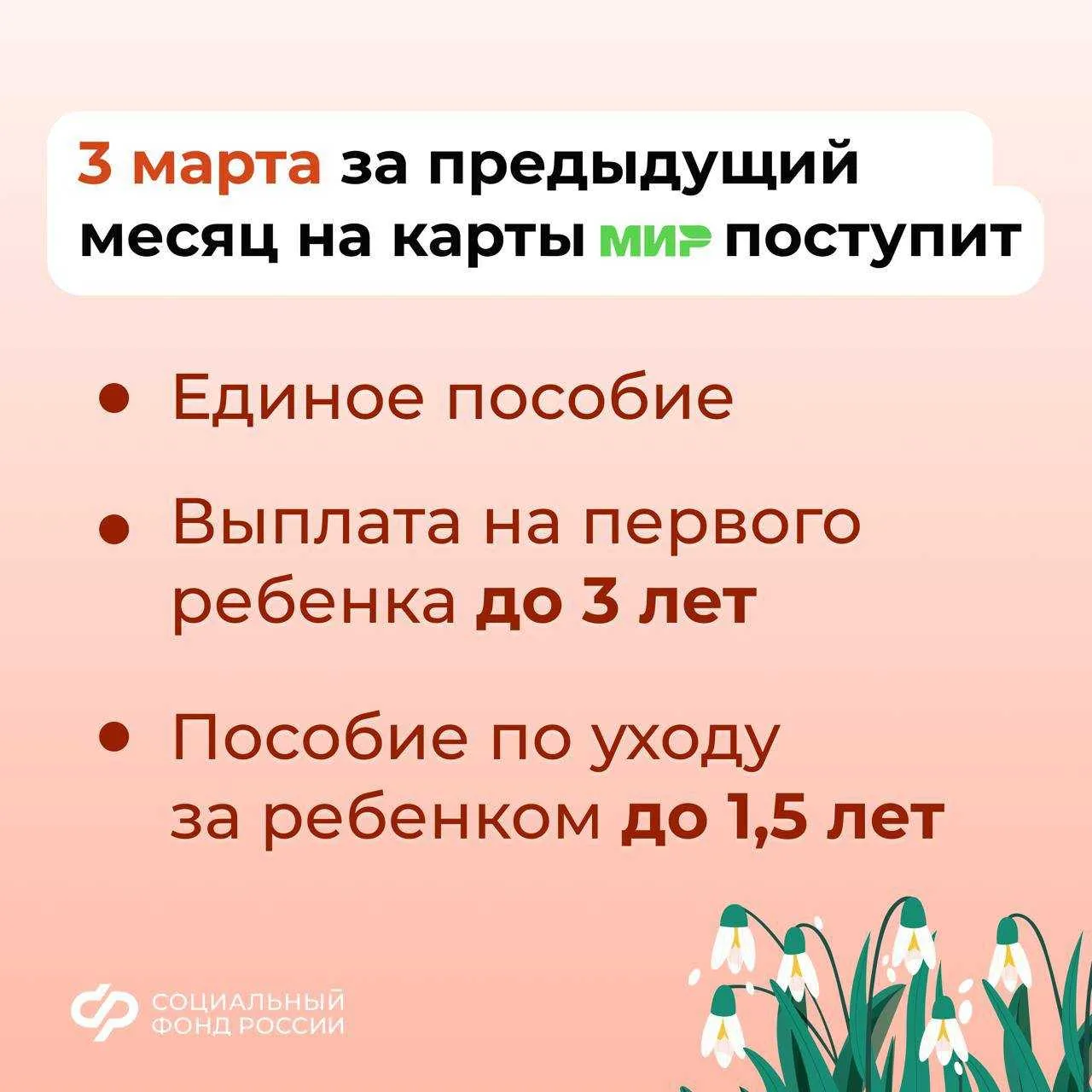 👨‍👩‍👧‍👦 3, 5 и 6 марта – дни зачисления выплат семьям с детьми на карты и счета  💳 Напоминаем, что п