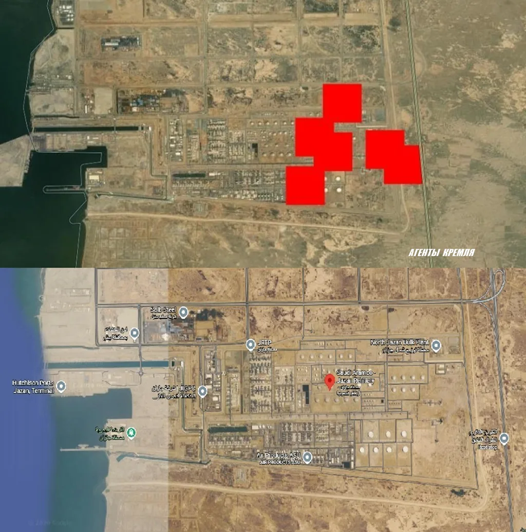 Тепловая засветка на крупнейшем НПЗ Aramco's Jazan в Саудовской Аравии. Хуситы отработа...