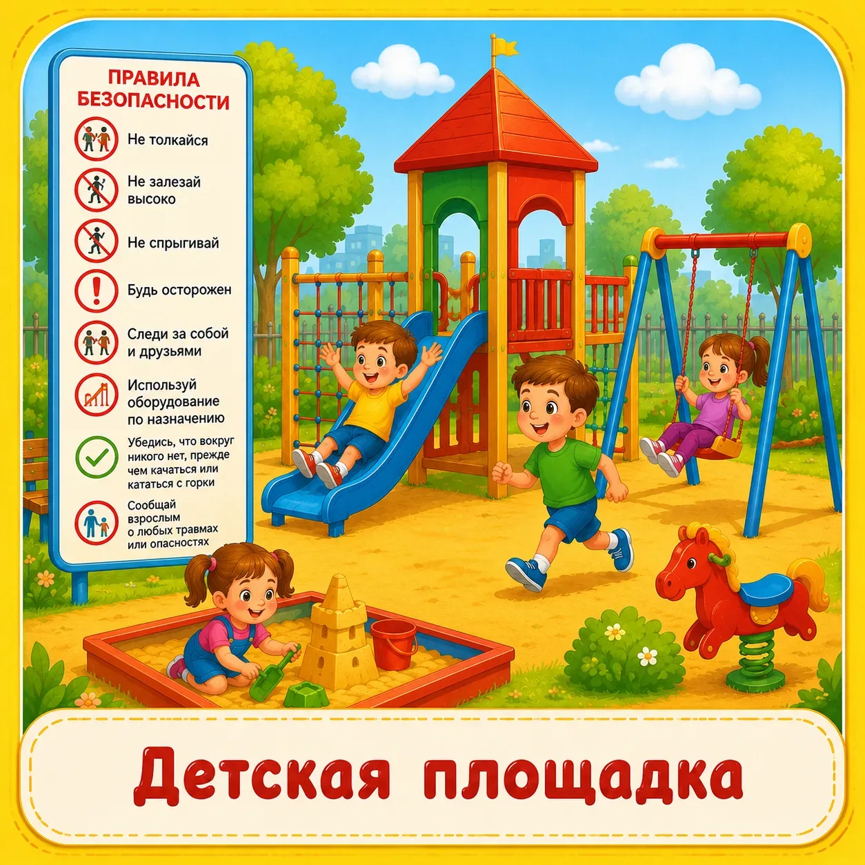 БЕЗОПАСНАЯ ПЛОЩАДКА — коротко!
⁣
 * Осмотрите оборудование до игры
 * Уберите шарфы, цепочки и длинн