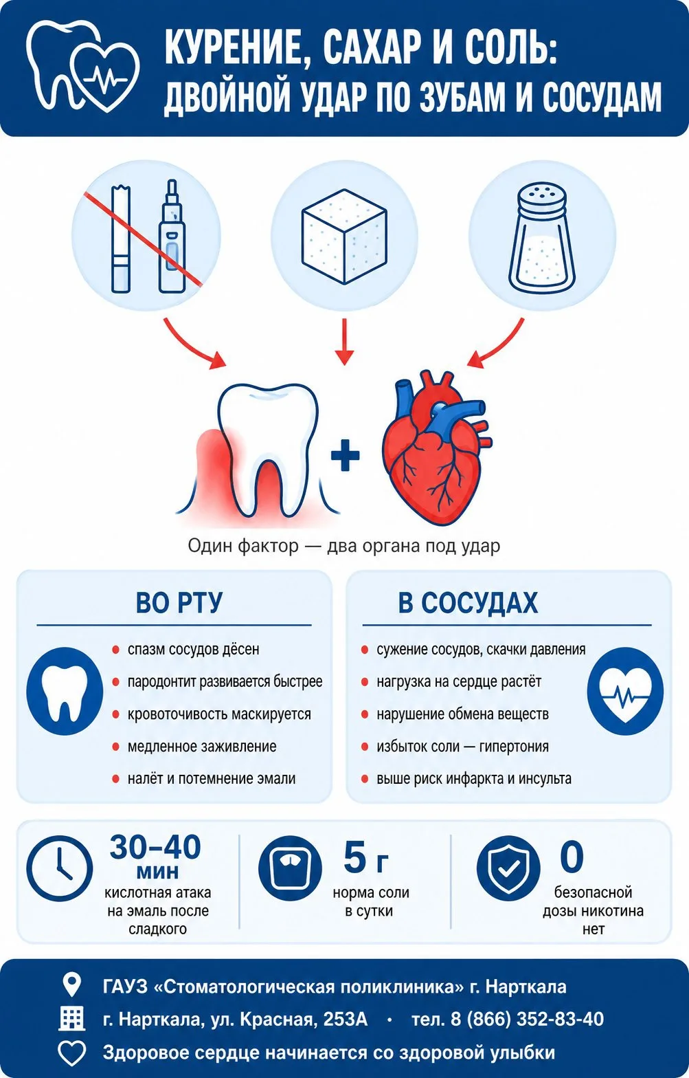 🚬🍬🧂 Курение, сахар и соль: двойной удар по зубам и сосудам
