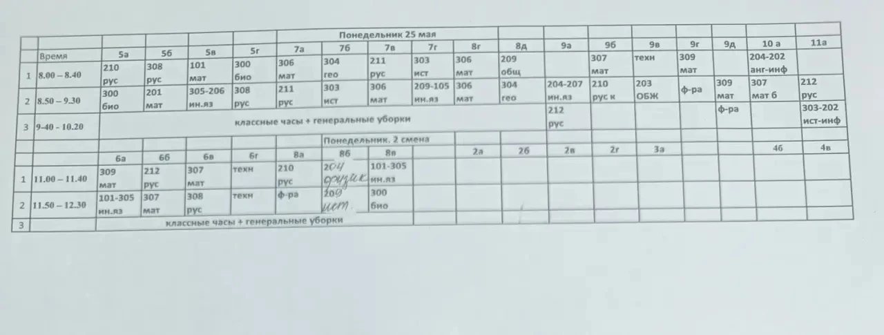Расписание на понедельник 25 мая