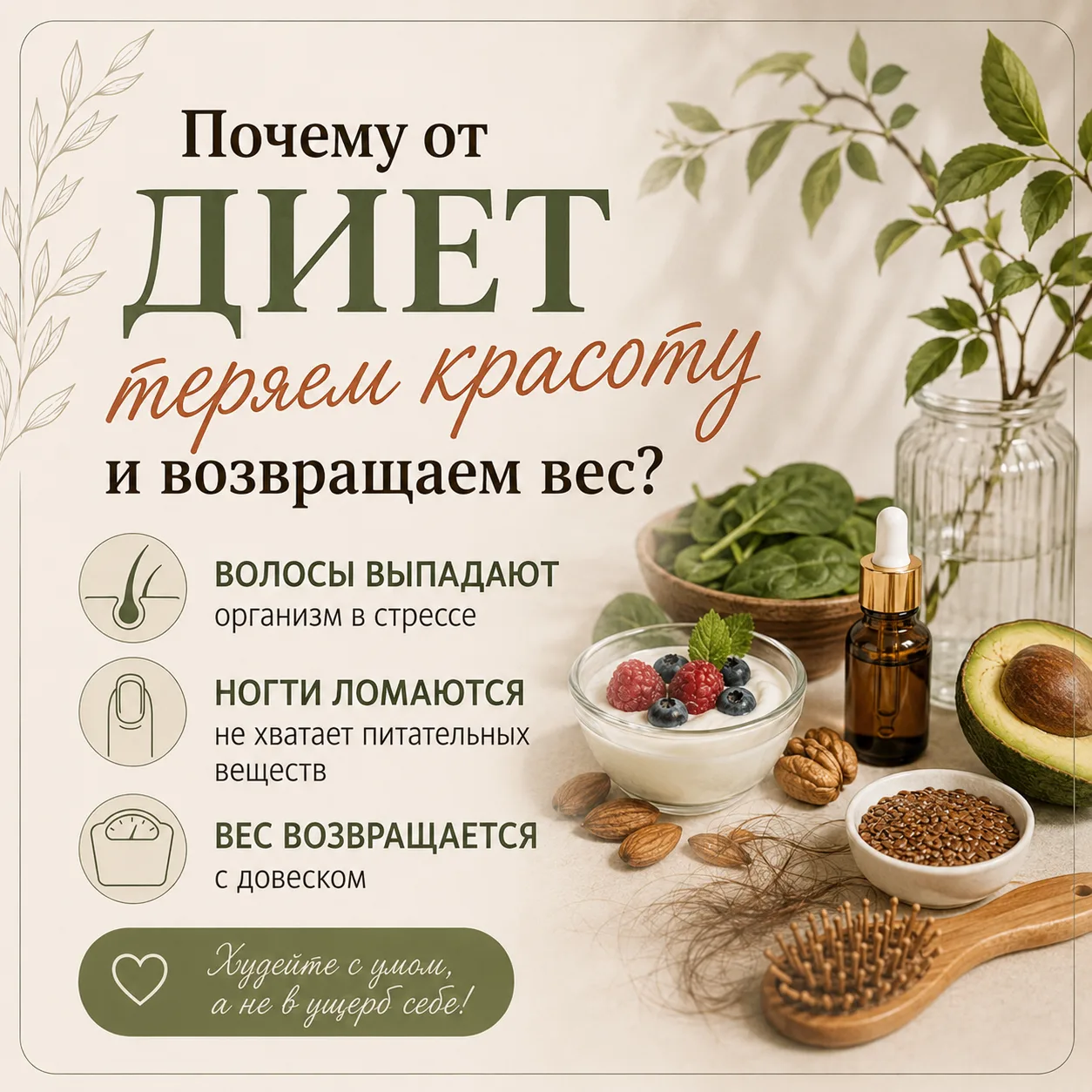 Почему от «правильных» диет выпадают волосы, ломаются ногти, а вес возвращается с довеском?

Знакомы