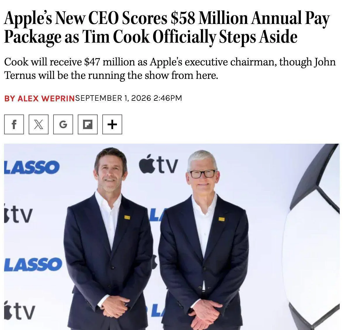 🍎 Новый CEO Apple Джон Тёрнус будет получать около 13 млн рублей в день