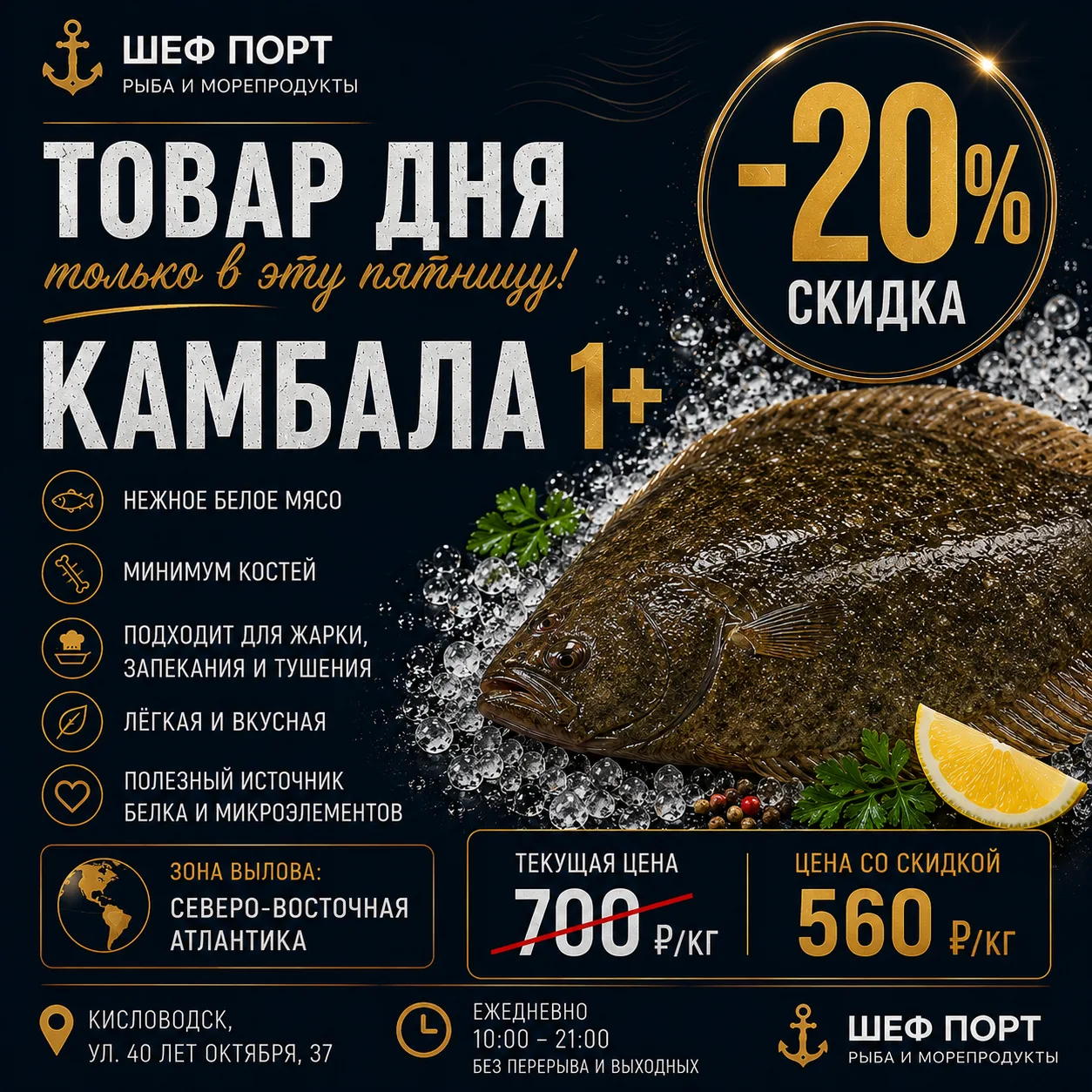 🐟 ШЕФ ПОРТ — рыба и морепродукты
📍 Кисловодск, ул. 40 лет Октября, 37

🔥 ТОВАР ДНЯ — КАМБАЛА 1+

