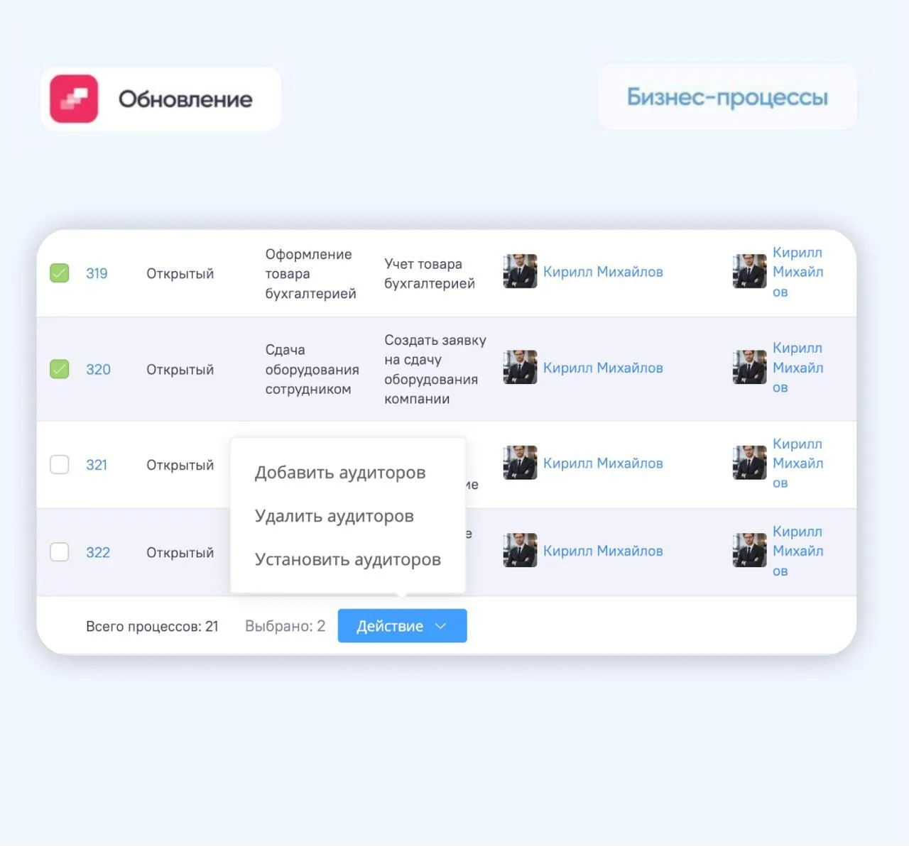 Добавили массовое назначение аудиторов в бизнес-процессах

В списке запущенных бизнес-процессов появ