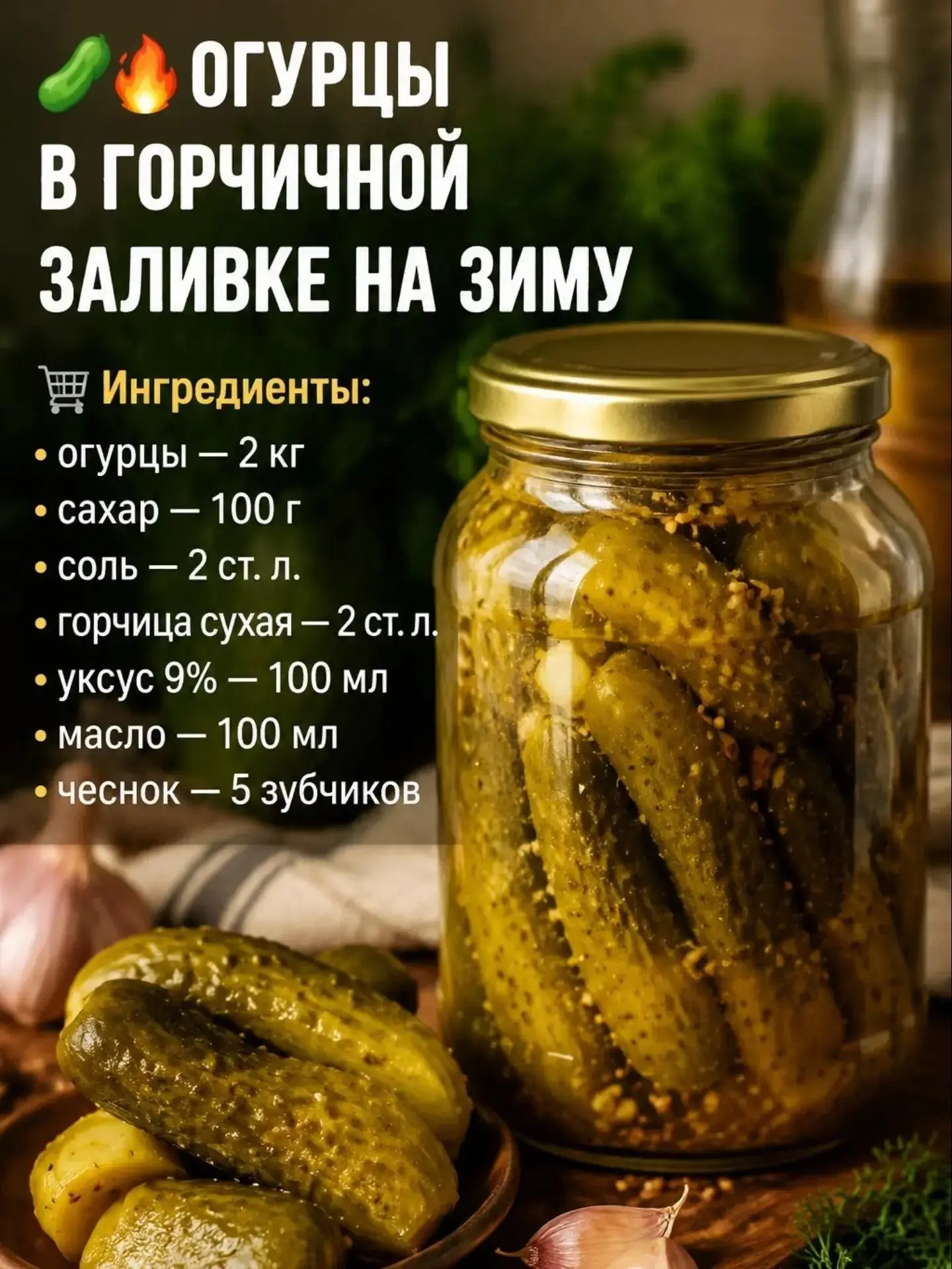 🥒🔥 ОГУРЦЫ В ГОРЧИЧНОЙ ЗАЛИВКЕ НА ЗИМУ! (банки улетают раньше Нового года 😍)
🛒 Ингредиенты:
• огу