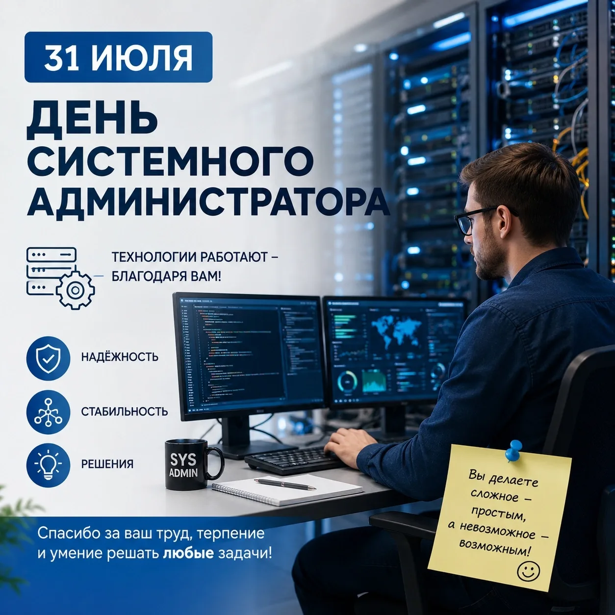31 июля - День системного администратора


Каждый год, в последнюю пятницу июля, администраторы корп