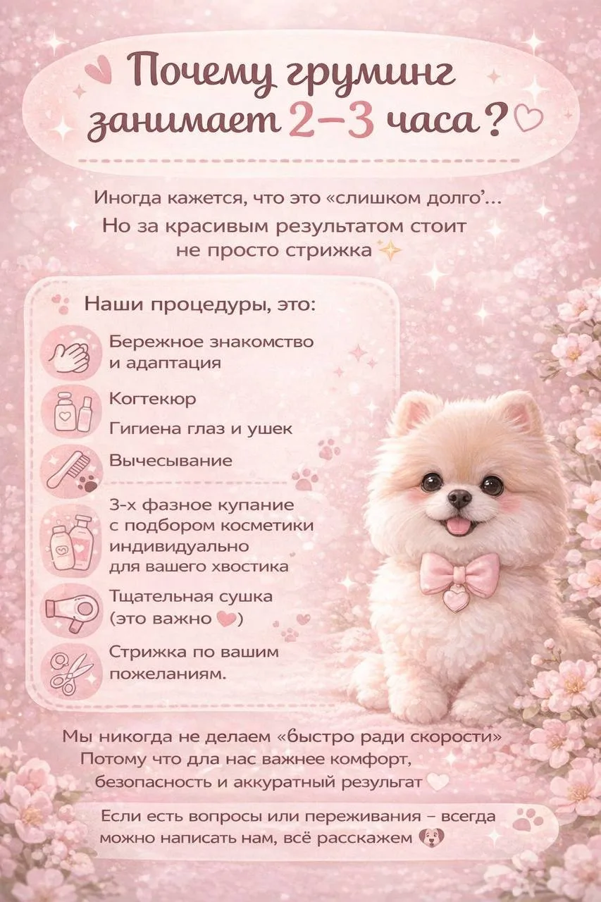 Почему груминг занимает 2–3 часа, а то и 4? 🤍