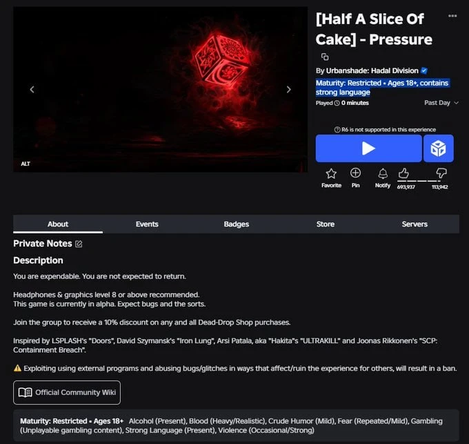 Популярная Roblox-игра в жанре хоррор «Pressure» изменила возрастные ограничения с «5+» на «18+».  К