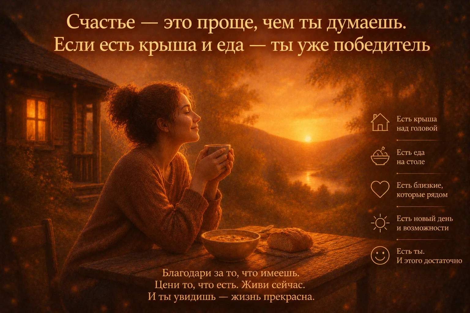 Счастье — это проще, чем ты думаешь. Если есть крыша и еда — ты уже победитель, милая