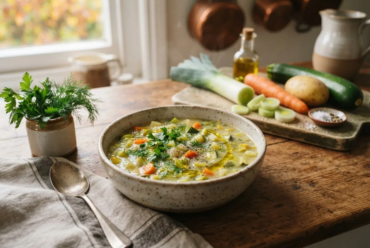 Рецепт супа из лука-порея с овощами и зеленью